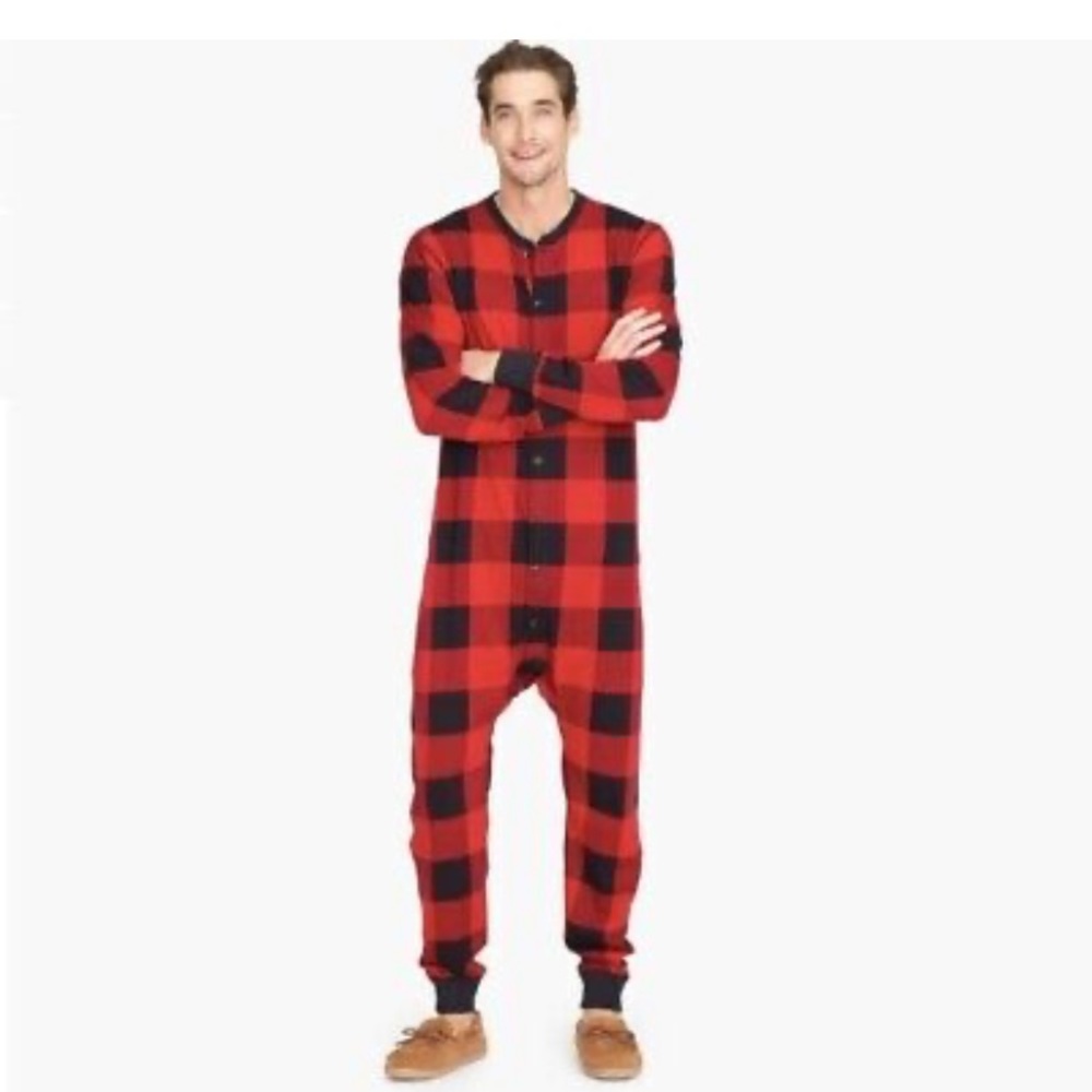 JCREW knit goods. Lg. Mens. Red & Black plaid. Full body button up adult pjs.